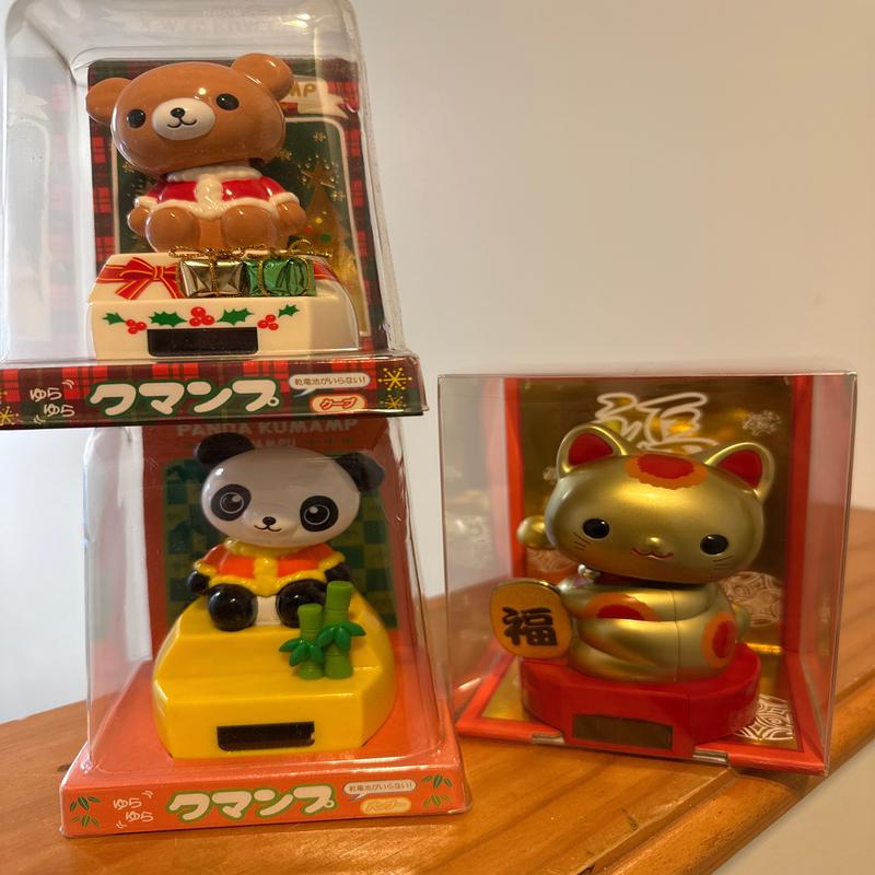 Kawaii Panda Xmas Bear and Lucky Cat Solar Powered Bobble Heads