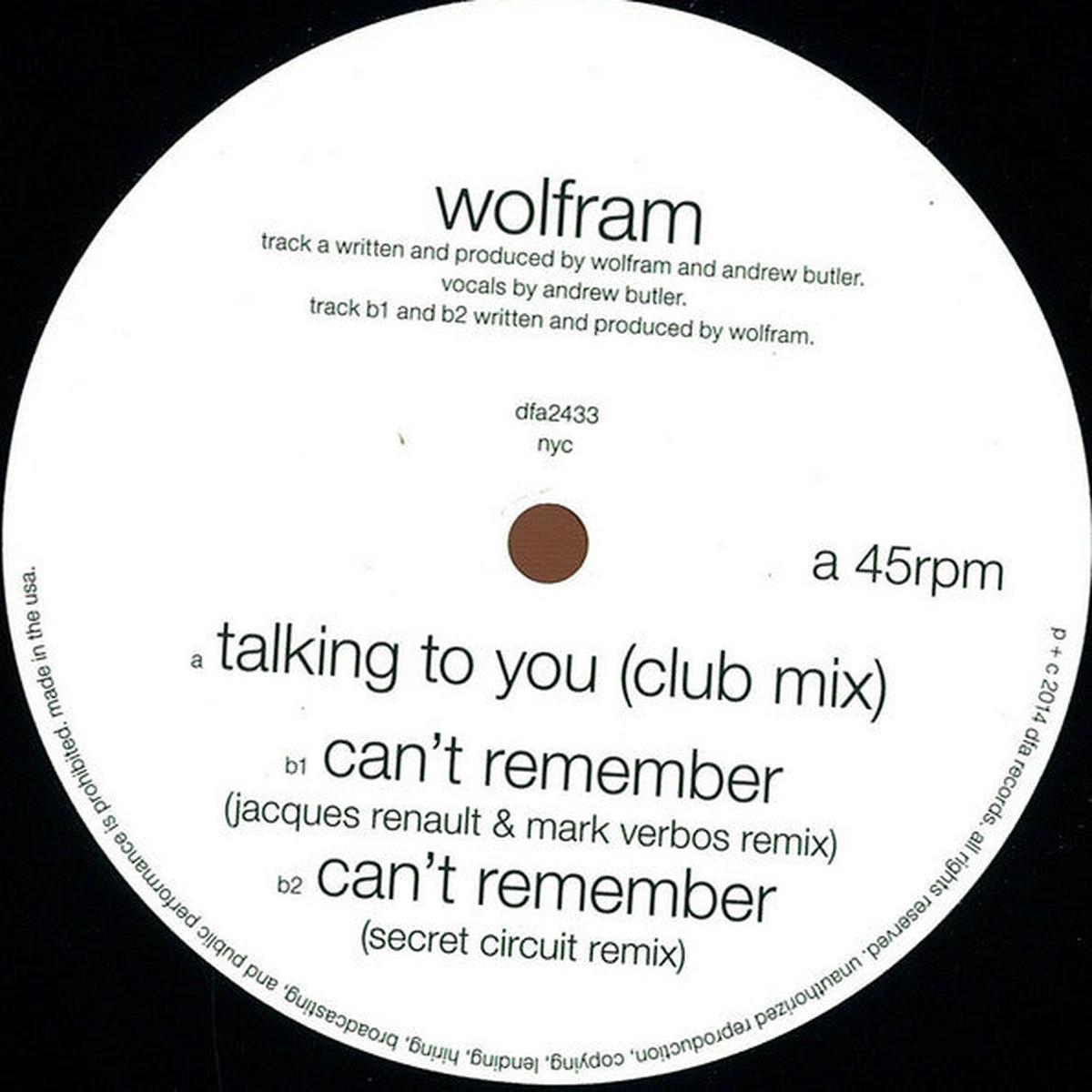 Wolfram (12) - Talking To You / Can't Remember (Remixes) (12") (Mint (M))